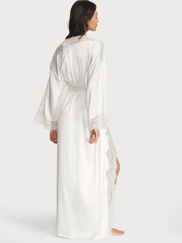 White silk robe with lace on sale